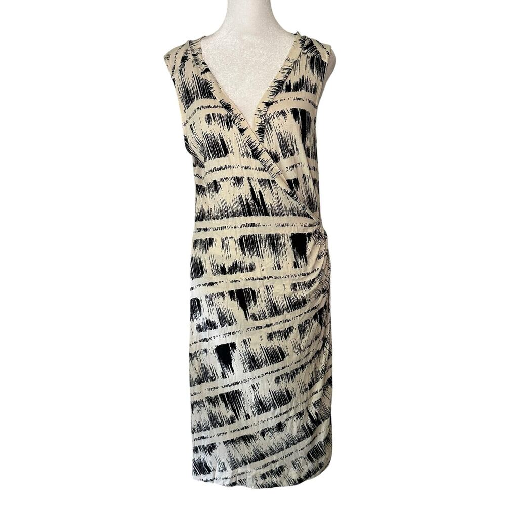 Deletta Anthropologie cream & navy blue sleeveless v-neck midi dress size L